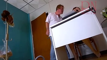 Blowjob in the office. The maid sucks the master's dick. Deep Throat. Hairy pussy, hairy pubis. ENF forced